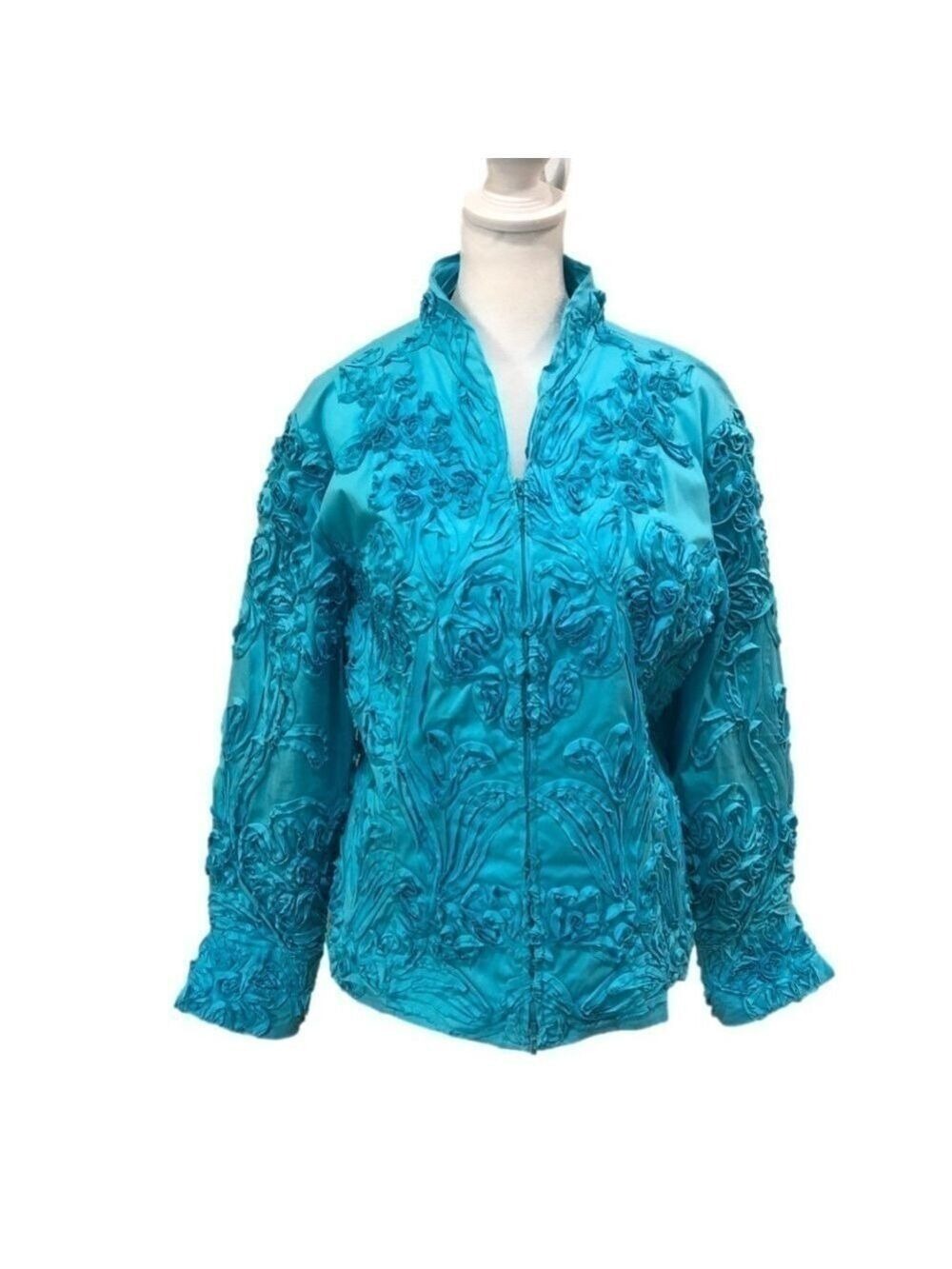 D&Y Sz L blue jacket. front zip fabric florettes textured coastal grandma